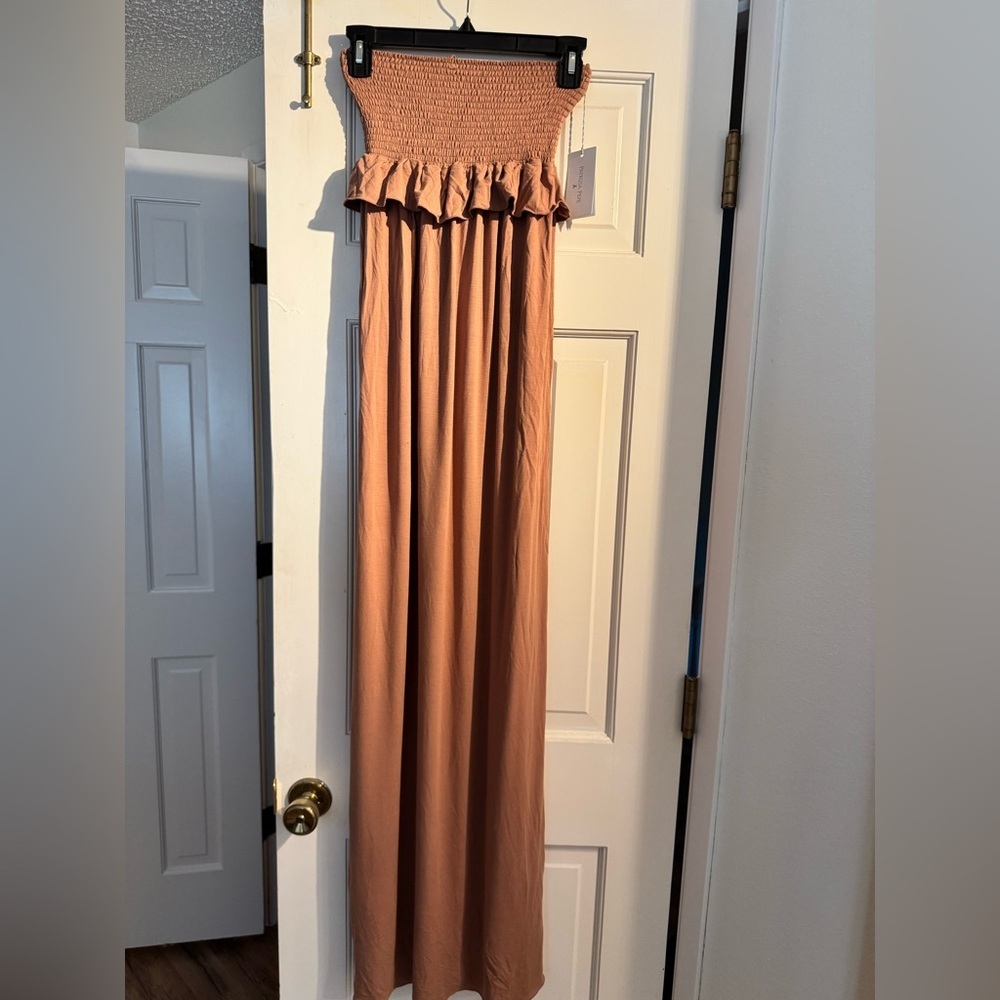 NEW Patrizia Pepe Strapless Maxi Dress Smocked Sake Brown US 6 Stretch NWT